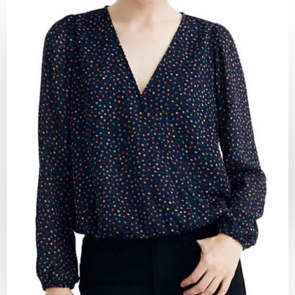 Madewell Navy Blue lyric Wrap Top Rainbow Dot